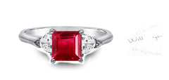 94 custom made unique square ruby and heart diamond side three stone engagement ring