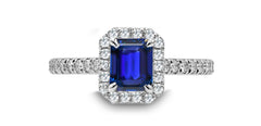 96 custom made unique emerald cut blue sapphire with diamond halo engagement ring