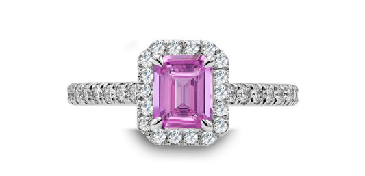 96 custom made unique emerald cut pink sapphire with diamond halo engagement ring