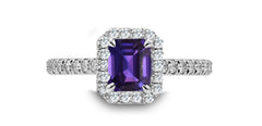 96 custom made unique emerald cut purple sapphire with diamond halo engagement ring