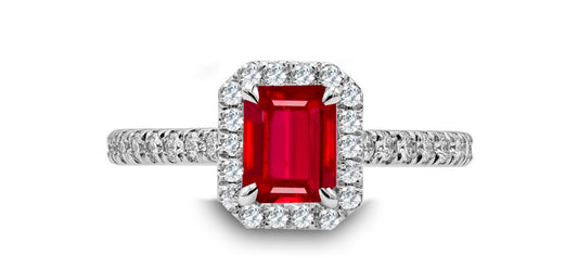 96 custom made unique emerald cut ruby with diamond halo engagement ring