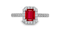 96 custom made unique emerald cut ruby with diamond halo engagement ring