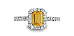 96 custom made unique emerald cut yellow sapphire with diamond halo engagement ring