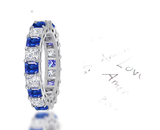 99 custom made unique stackable alternating asscher cut blue sapphire and diamond eternity ring