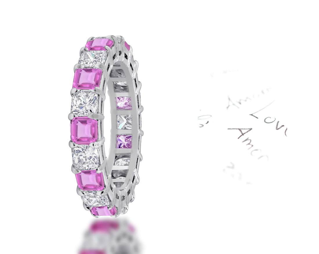 99 custom made unique stackable alternating asscher cut pink sapphire and diamond eternity ring