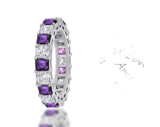 99 custom made unique stackable alternating asscher cut purple sapphire and diamond eternity ring