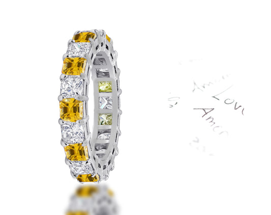 99 custom made unique stackable alternating asscher cut yellow sapphire and diamond eternity ring