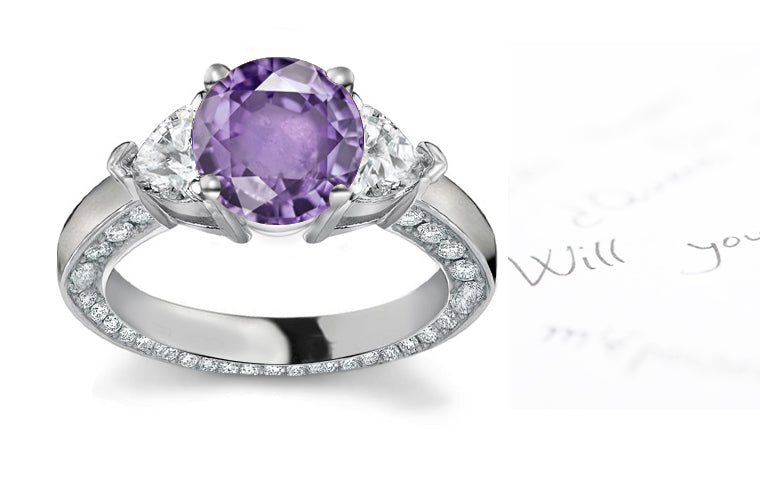 engagement ring with round purple sapphire center and heart/round diamond accents band