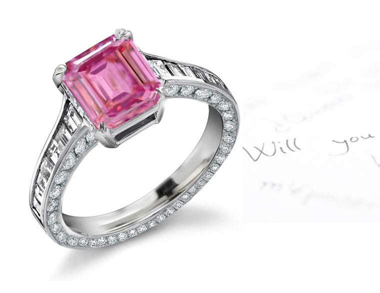 engagement ring with emerald cut pink sapphire center and diamond accents band