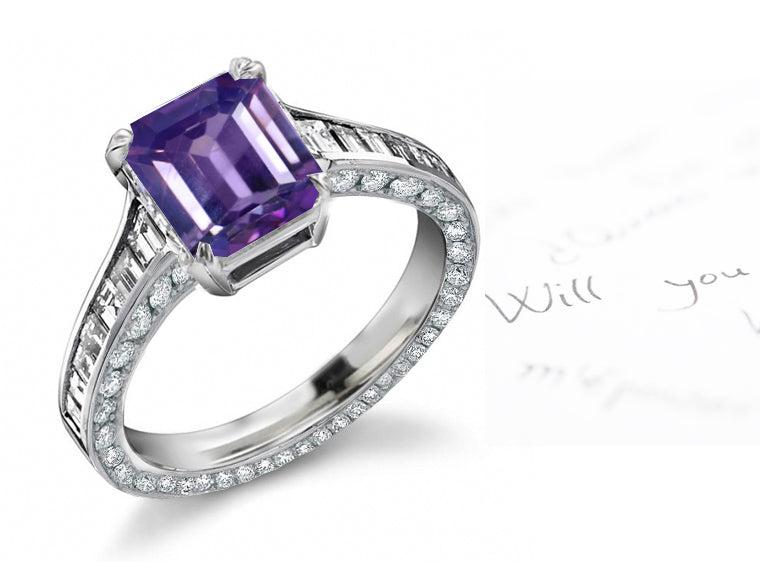 engagement ring with emerald cut purple sapphire center and diamond accents band