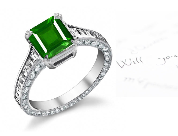 engagement ring with square emerald center and diamond accents band