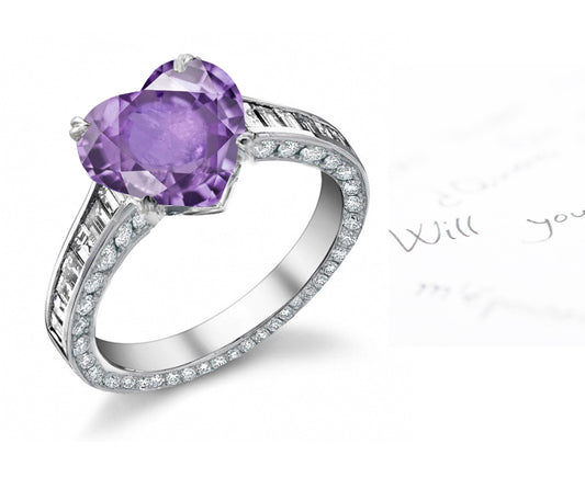 engagement ring with heart purple sapphire center and diamond accents band