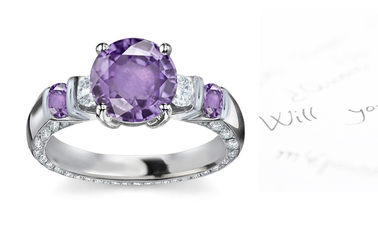 anniversary ring with alternating five round purple sapphires and diamonds