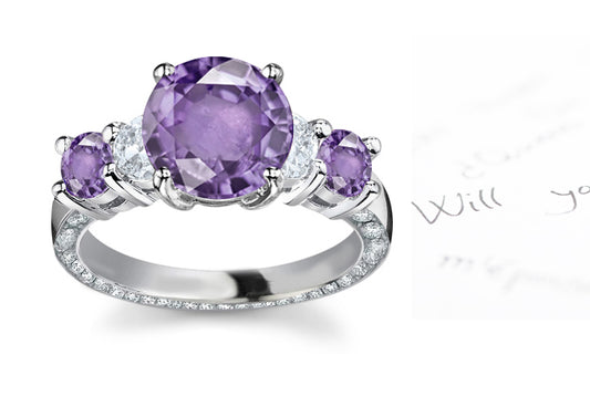 anniversary ring with alternating five round purple sapphires and diamonds