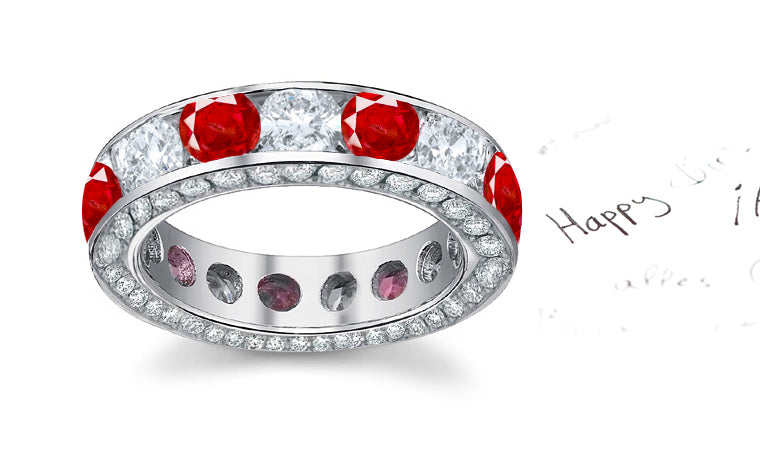 eternity ring with alternating round rubies and diamonds