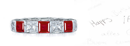 stackable eternity ring with alternating bar set square rubies and diamonds