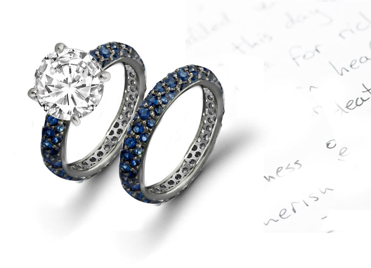 engagement ring with round diamond center and pave set blue sapphire band with matching wedding band