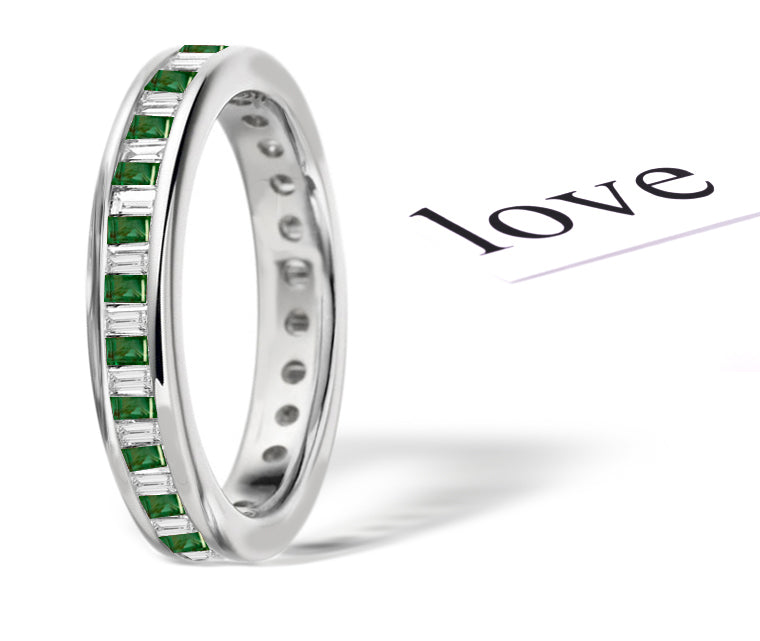 eternity band channel set with baguette emeralds and diamonds