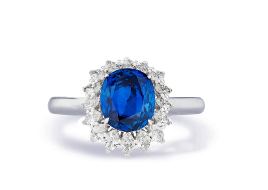 Custom made antique vintage inspired blue sapphire and diamond halo engagement rings 1
