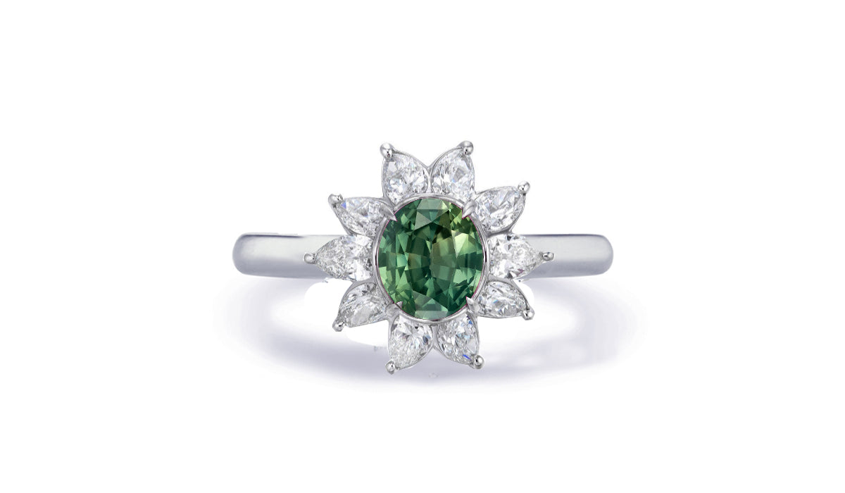 Custom made antique vintage inspired green sapphire and diamond halo engagement rings 11