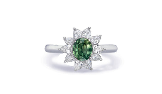 Custom made antique vintage inspired green sapphire and diamond halo engagement rings 11