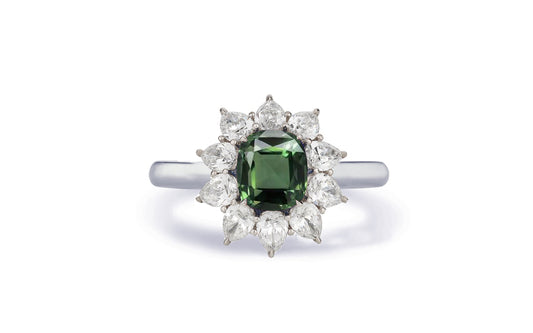 Custom made antique vintage inspired green sapphire and diamond halo engagement rings 13