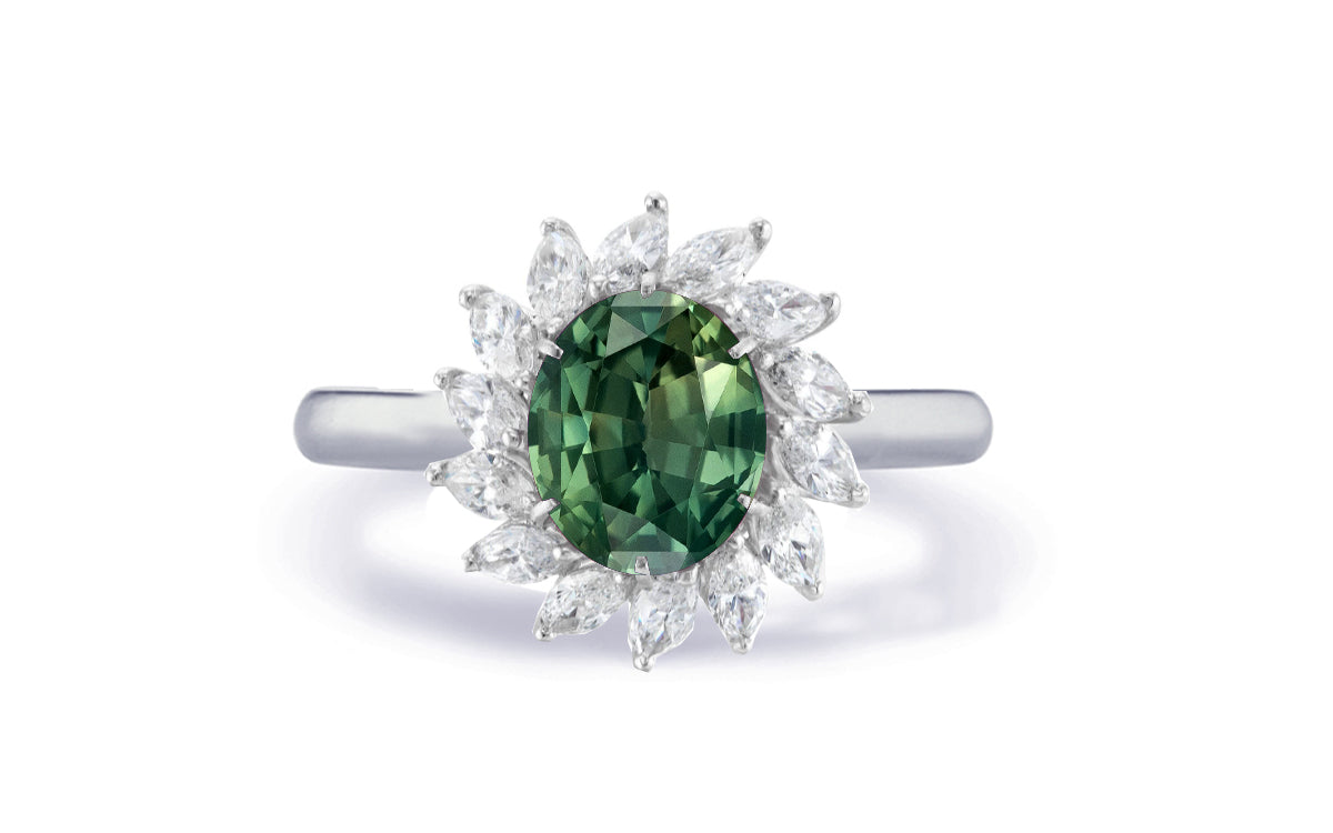 Custom made antique vintage inspired green sapphire and diamond halo engagement rings 5