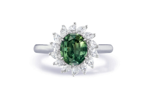 Custom made antique vintage inspired green sapphire and diamond halo engagement rings 5