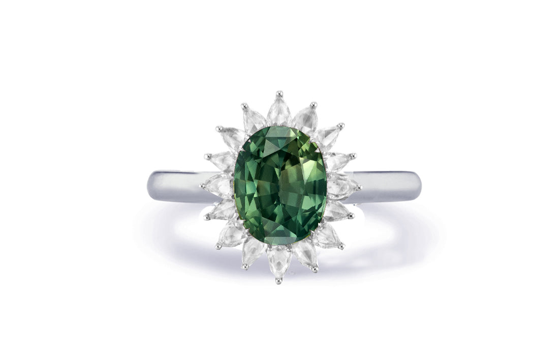 Custom made antique vintage inspired green sapphire and diamond halo engagement rings 6