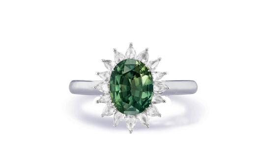 Custom made antique vintage inspired green sapphire and diamond halo engagement rings 6