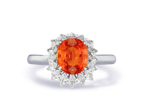 Custom made antique vintage inspired orange sapphire and diamond halo engagement rings 1