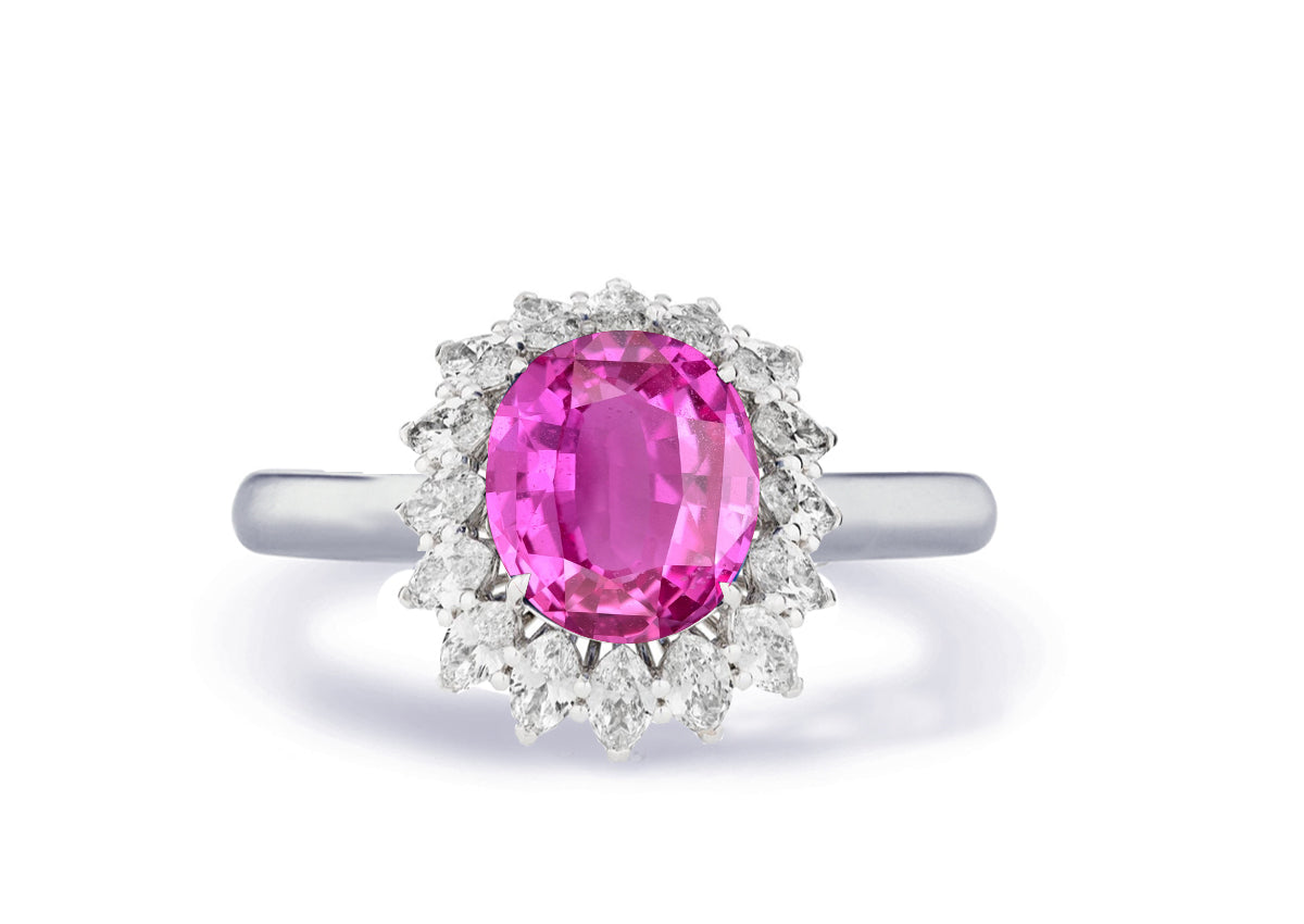 Custom made antique vintage inspired pink sapphire and diamond halo engagement rings 1