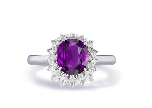 Custom made antique vintage inspired purple sapphire and diamond halo engagement rings 1