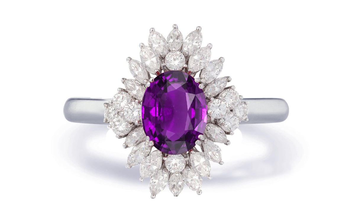 Custom made antique vintage inspired purple sapphire and diamond halo engagement rings 2