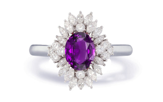 Custom made antique vintage inspired purple sapphire and diamond halo engagement rings 2