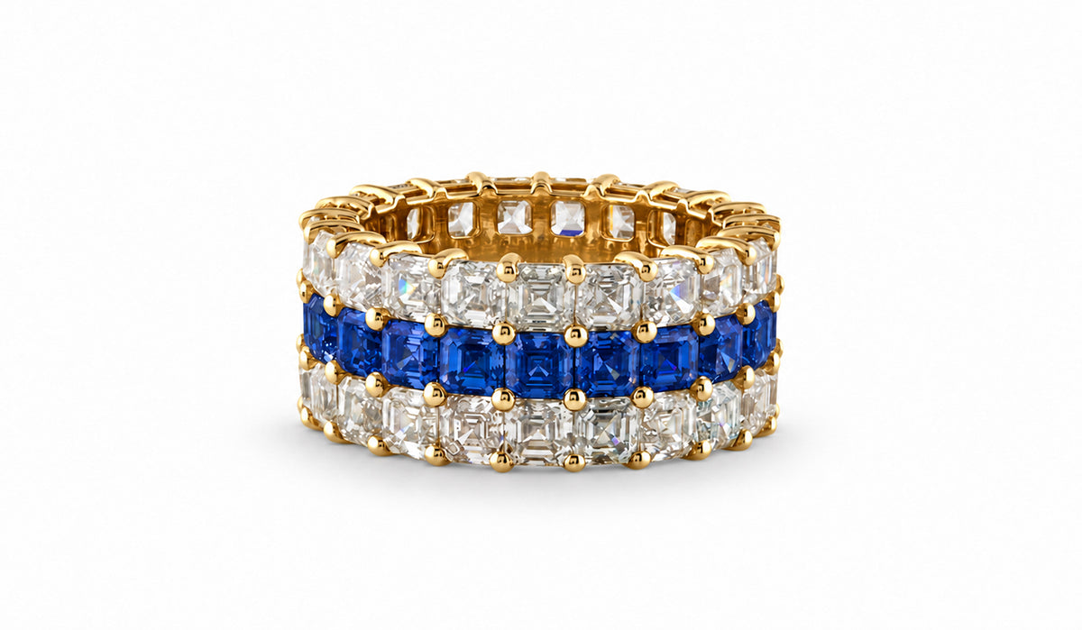 Custom made stackable diamond and blue sapphire anniversary eternity rings 2026 11
