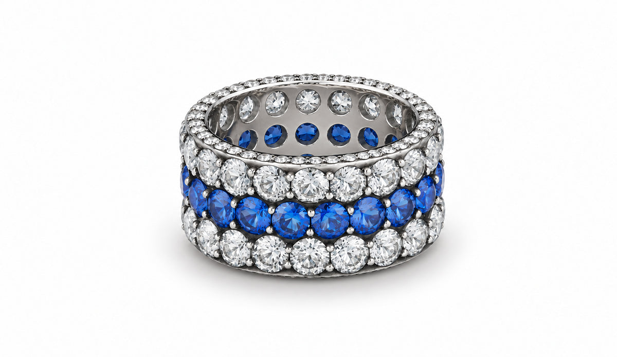 Custom made stackable diamond and blue sapphire anniversary eternity rings 2026 17