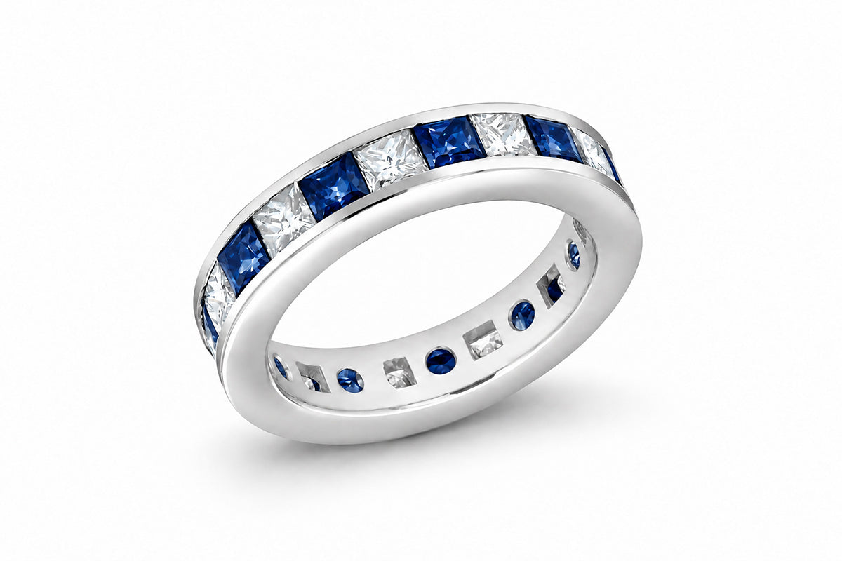Custom made stackable diamond and blue sapphire anniversary eternity rings 2026 25