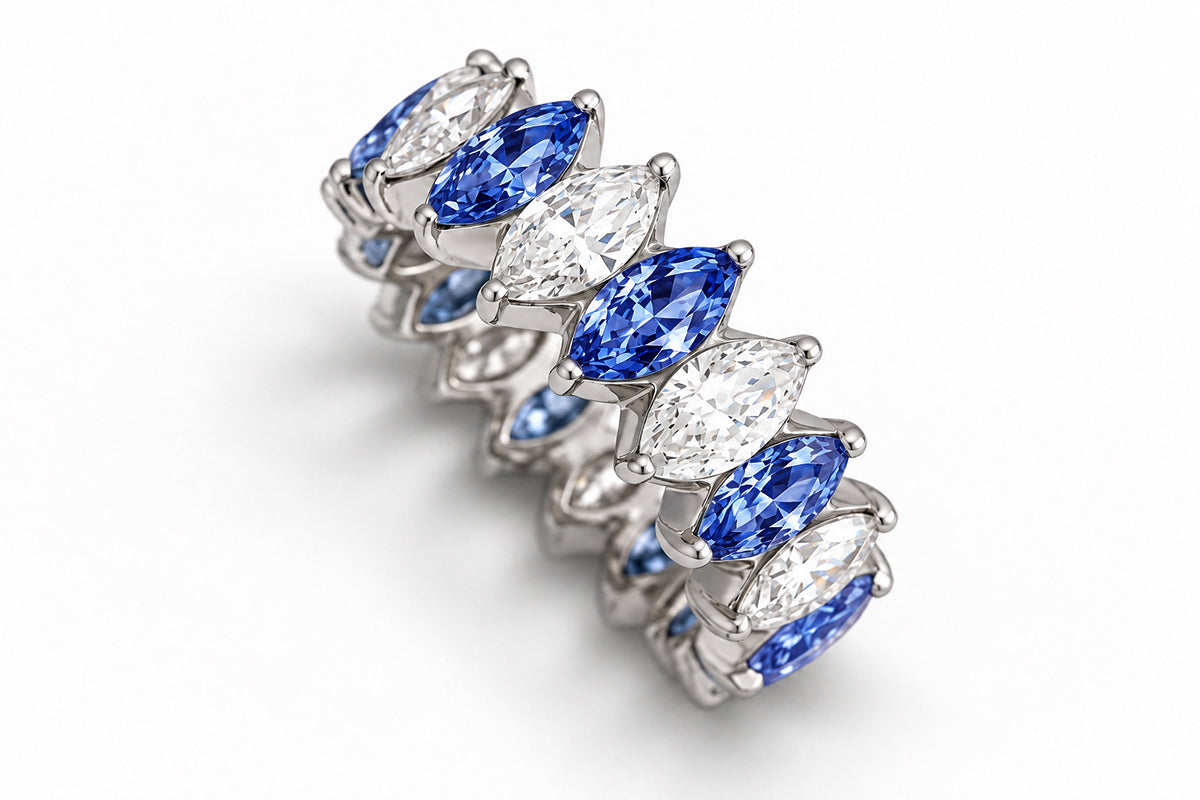 Custom made stackable diamond and blue sapphire anniversary eternity rings 2026 5