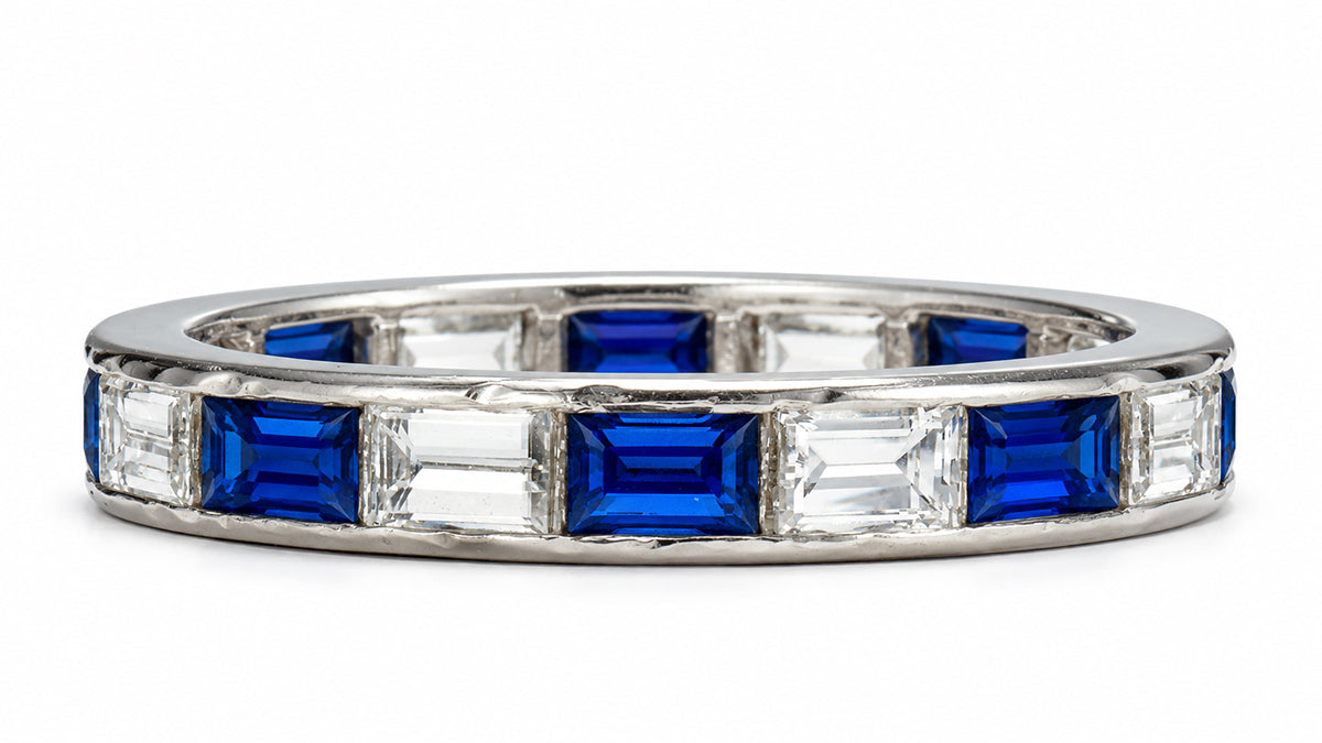 Custom made stackable diamond and blue sapphire anniversary eternity rings 2026 9