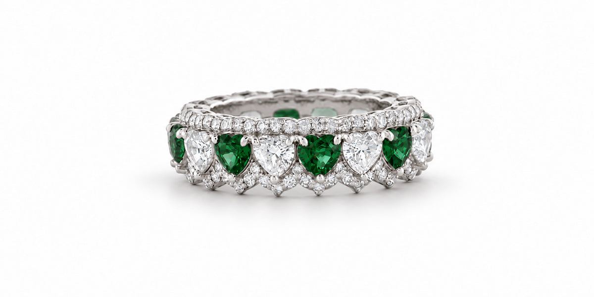 Custom made stackable diamond and green sapphire anniversary eternity rings 2026 12
