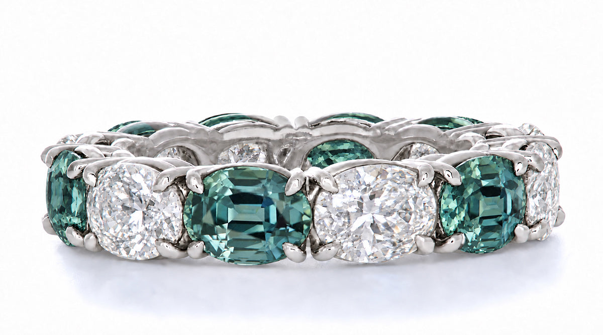 Custom made stackable diamond and green sapphire anniversary eternity rings 2026 19