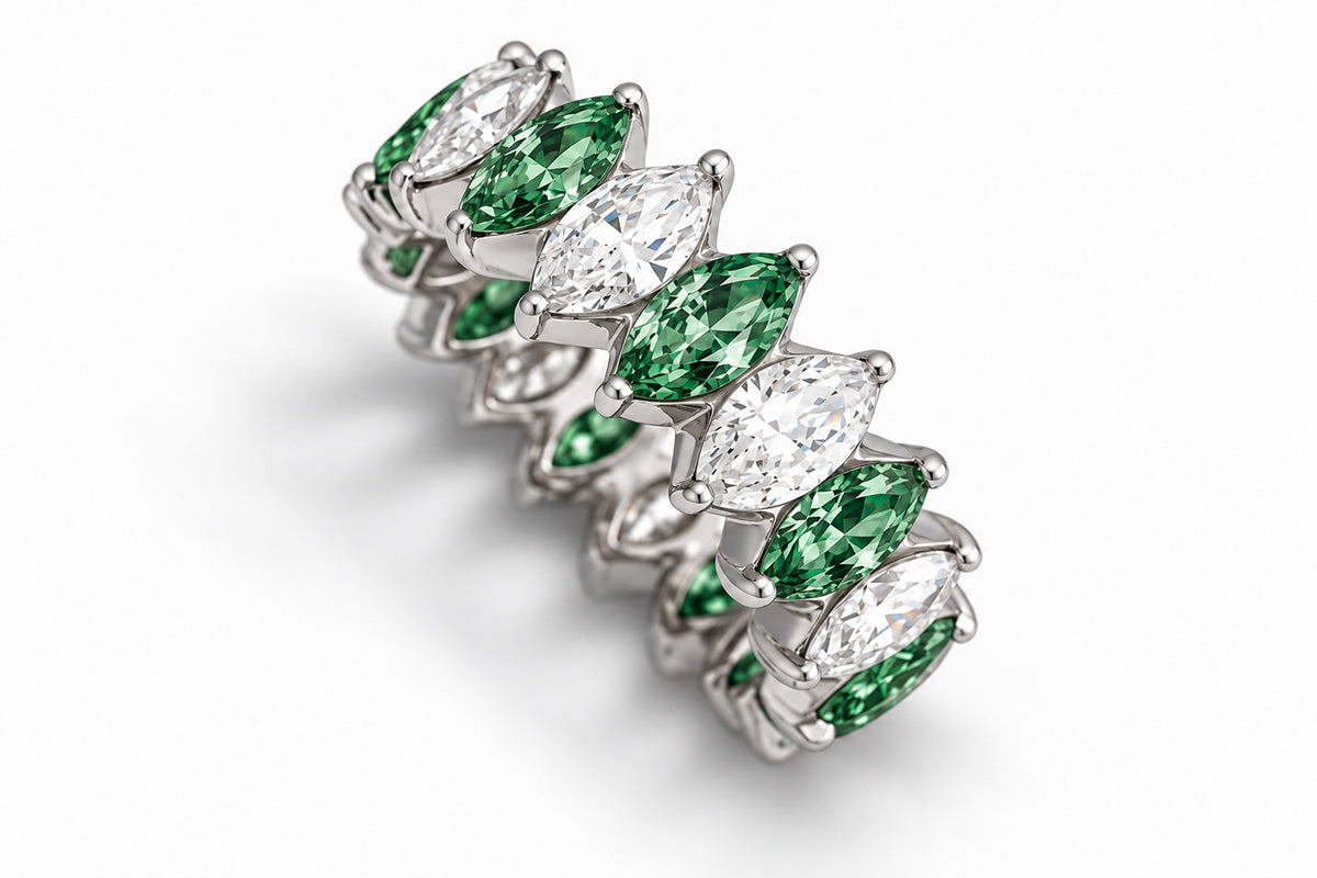 Custom made stackable diamond and green sapphire anniversary eternity rings 2026 5