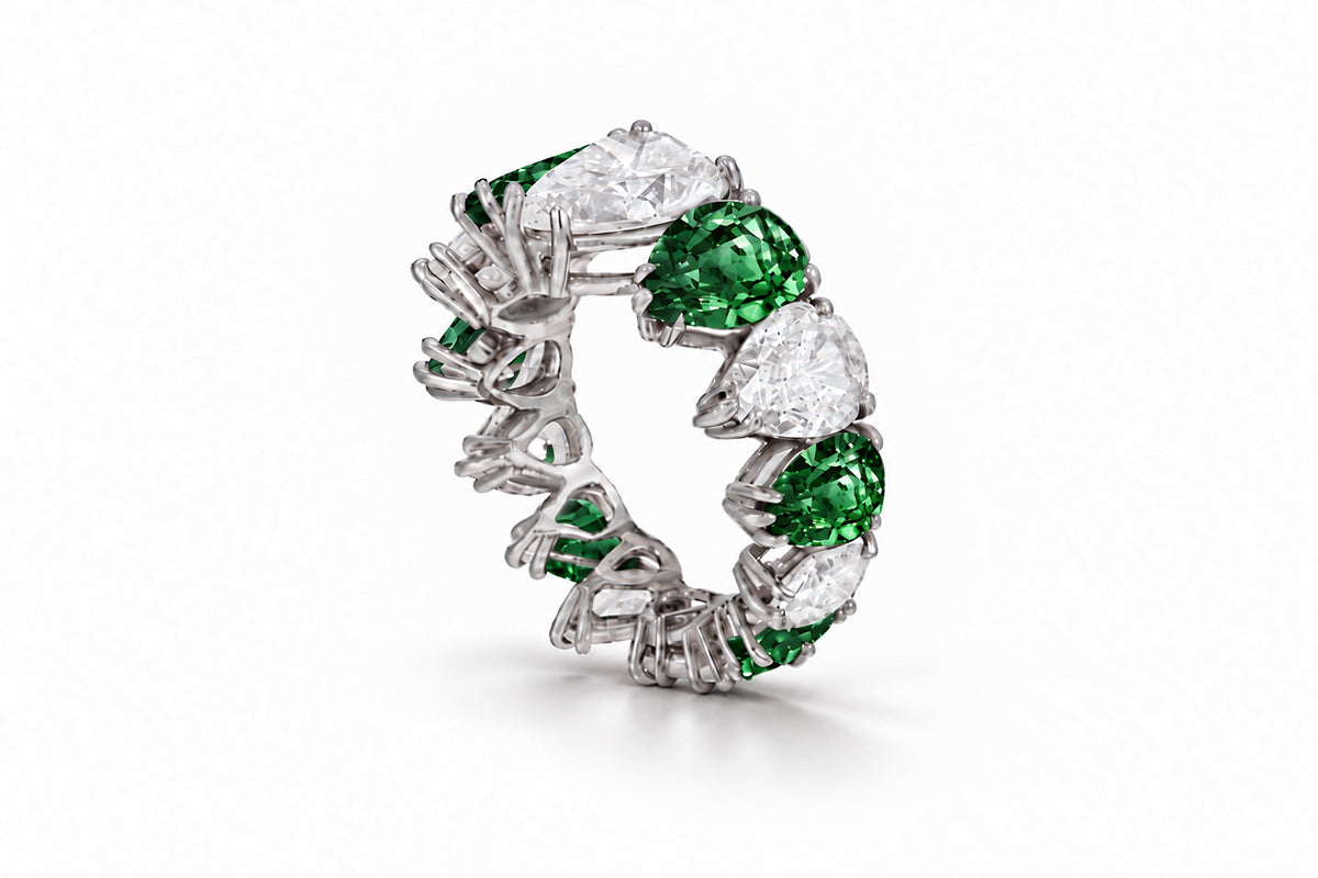 Custom made stackable diamond and green sapphire anniversary eternity rings 2026 8