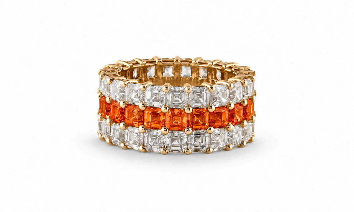 Custom made stackable diamond and orange sapphire anniversary eternity rings 2026 11