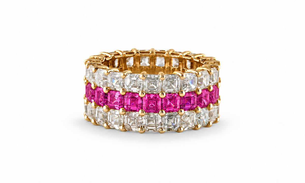 Custom made stackable diamond and pink sapphire anniversary eternity rings 2026 11