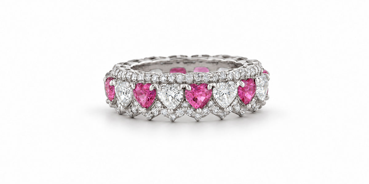 Custom made stackable diamond and pink sapphire anniversary eternity rings 2026 12