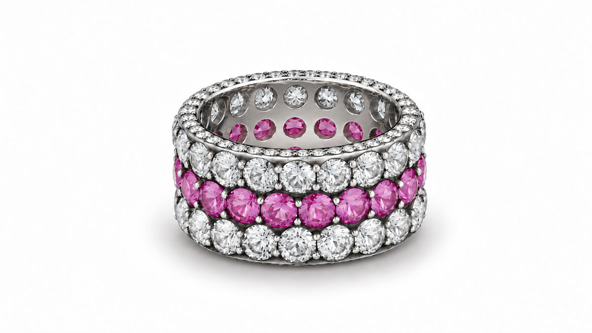 Custom made stackable diamond and pink sapphire anniversary eternity rings 2026 17