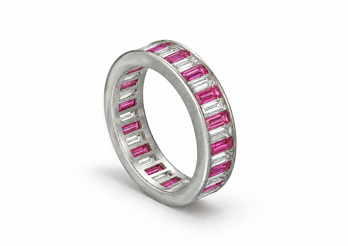 Custom made stackable diamond and pink sapphire anniversary eternity rings 2026 26