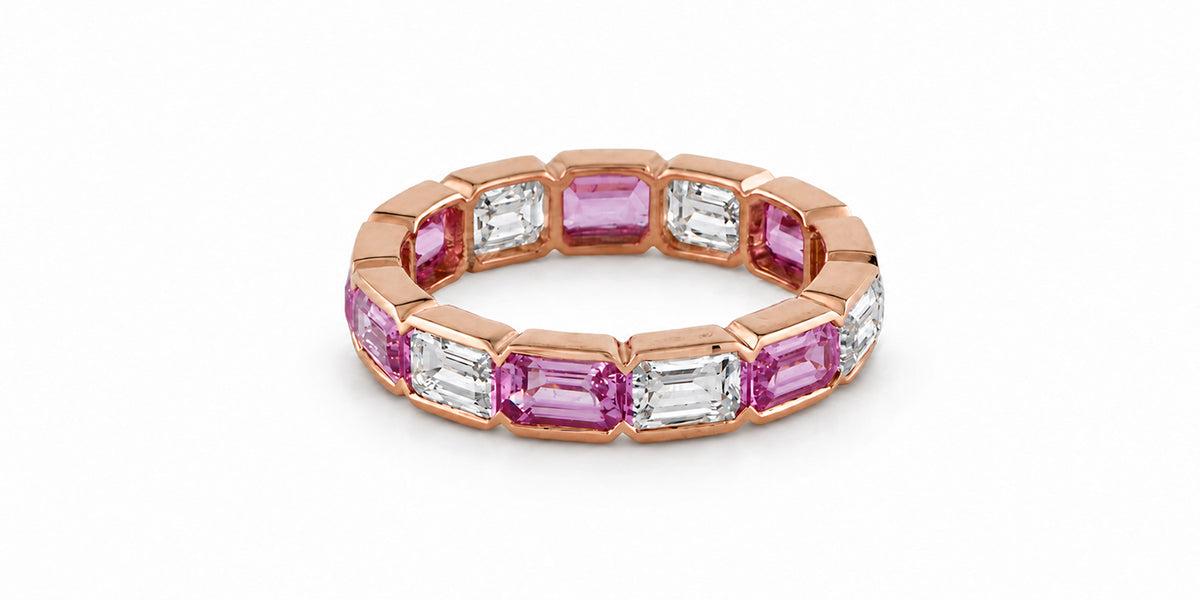 Custom made stackable diamond and pink sapphire anniversary eternity rings 2026 27